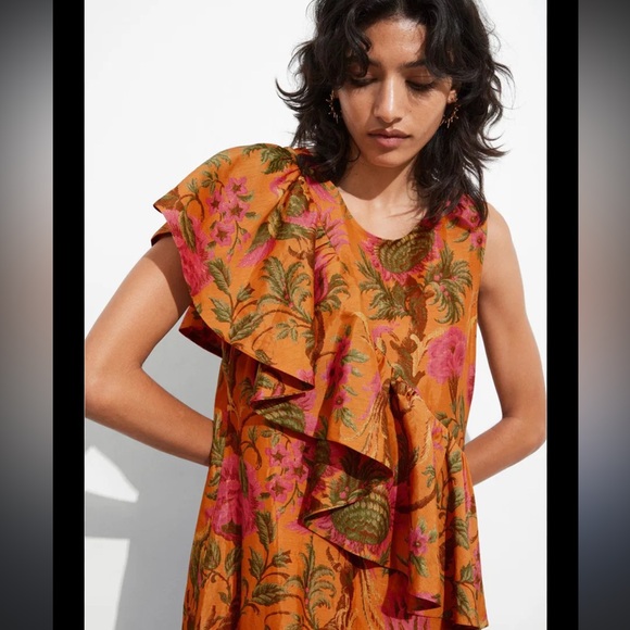 & Other Stories Asymmetrical Ruffle Dress in Orange and Pink Floral - Picture 4 of 12